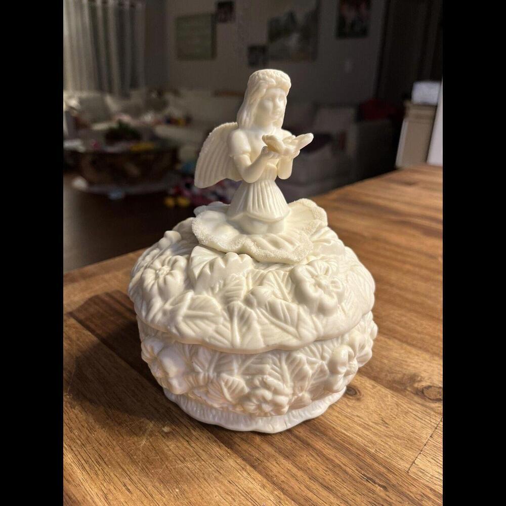 Vintage Jewelry Box w/ Angel Lid Ornate Unglazed Porcelain Trinket - 5"